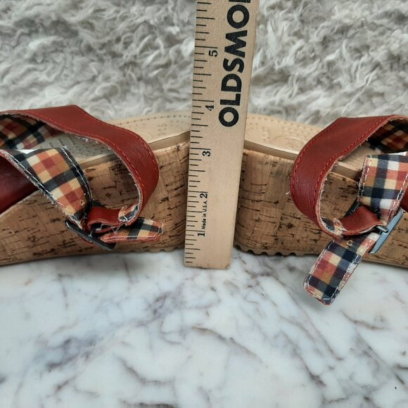 Crocs 11848 Women's A Leigh Red Leather Cork Wedge Heel Slingback Sandal W9 - Picture 4 of 9